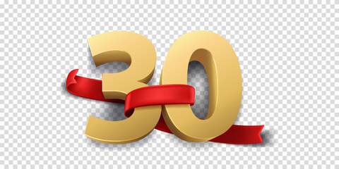 30th Year anniversary celebration background. 3D Golden number wrapped with red ribbon and confetti, isolated on transparent background.
