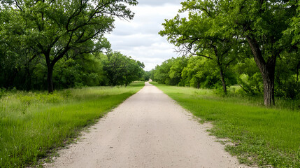 Obraz premium Sandy Path Through Lush Green Trees on a Sunny Day