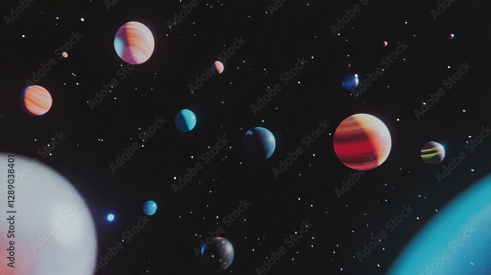 Poster Celestial background with floating planets and subtle starry light for space-themed design