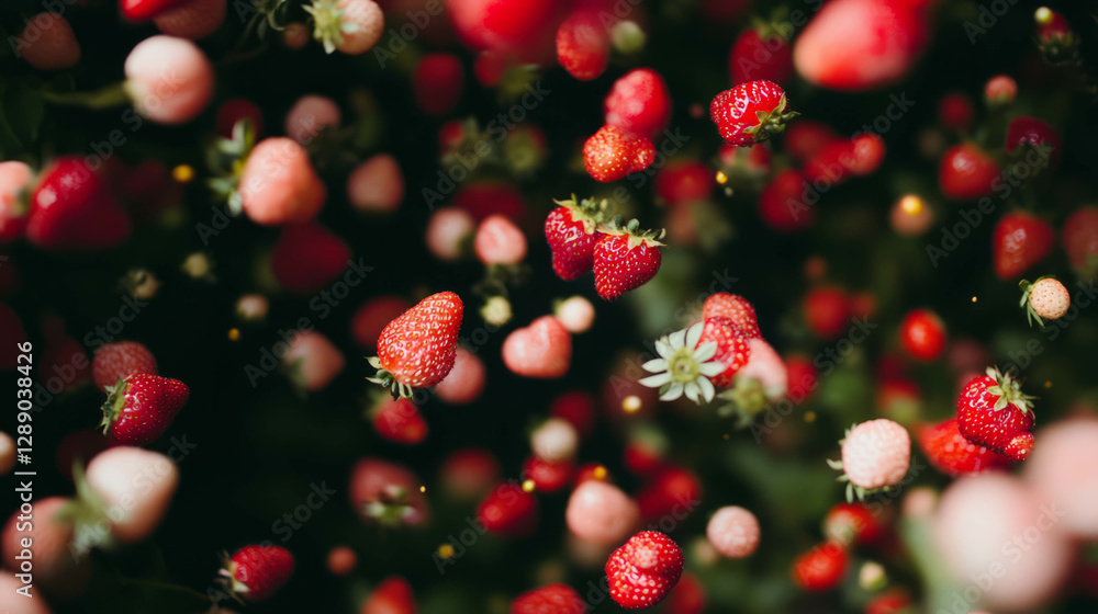 Poster vivid background of floating pink and red wild strawberries