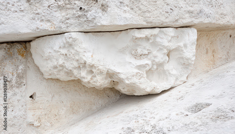 Poster close-up view of a porous, off-white rock formation embedded in a similar textured surface. the text