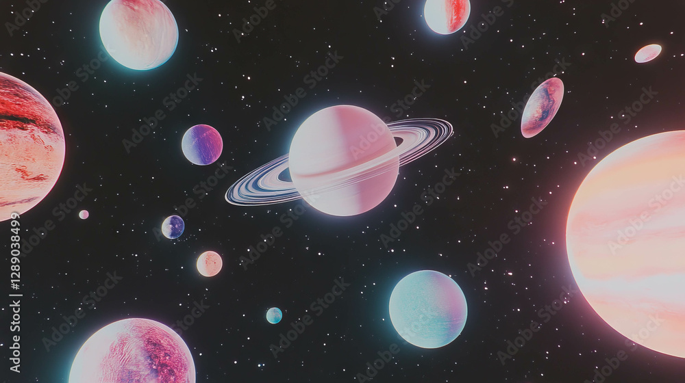 Poster Celestial adventure with floating planets under subtle cosmic light