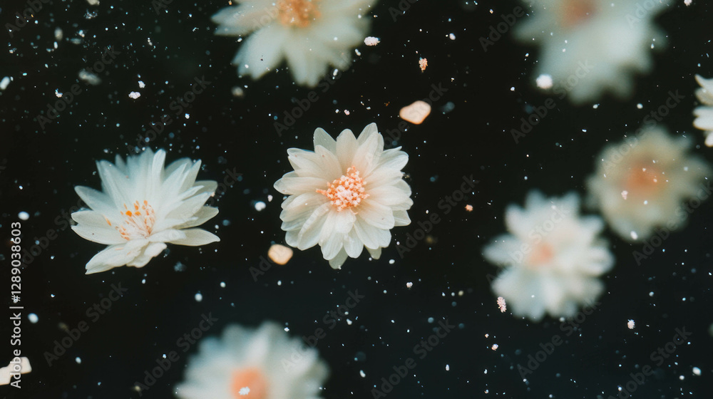 Poster Delicate floating flowers with pollen particles in motion