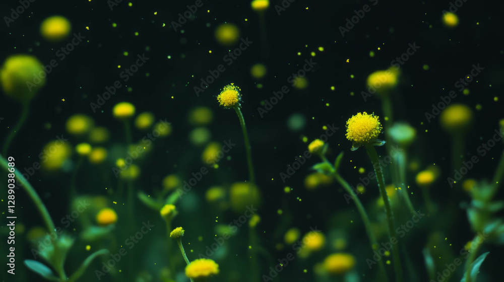 Poster Serene nature scene with floating pollen and blurred motion for design and relaxation