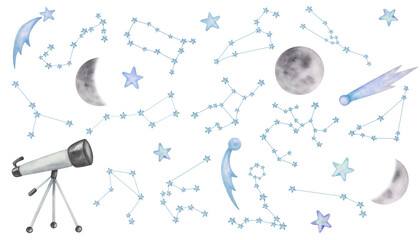Watercolor illustration. Set of constellations. Hand painted telescope, Moon, stars. Aries, Taurus, Gemini, Cancer, Leo, Virgo, Libra, Scorpio, Sagittarius, Capricorn, Aquarius, Pisces. Great Bear