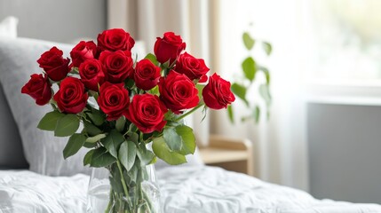 Fototapeta premium Elegant Red Roses in a Glass Vase on a Cozy Bedside Table