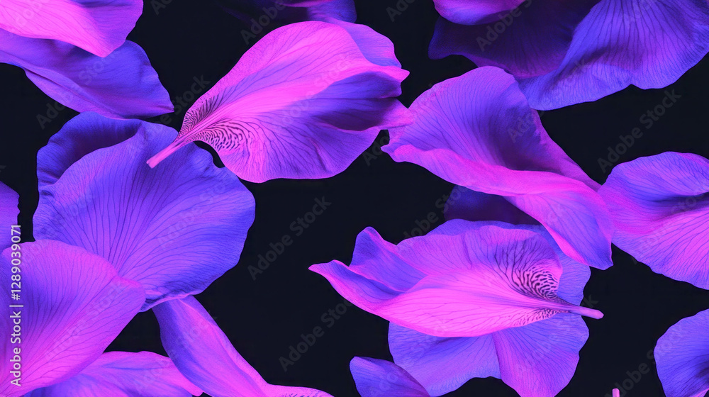 Poster enchanting display of floating purple iris petals against a dark background for artistic designs