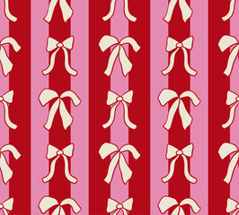 Trendy coquette seamless pattern with hand drawn whimsical bows and stripes. Vector outline background in vintage aesthetic