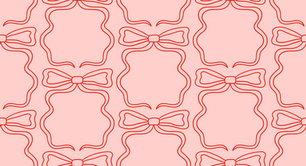 Vintage seamless pattern with bows. Vector background in vintage coquette aesthetic. Elegant hand drawn outline ribbon frames