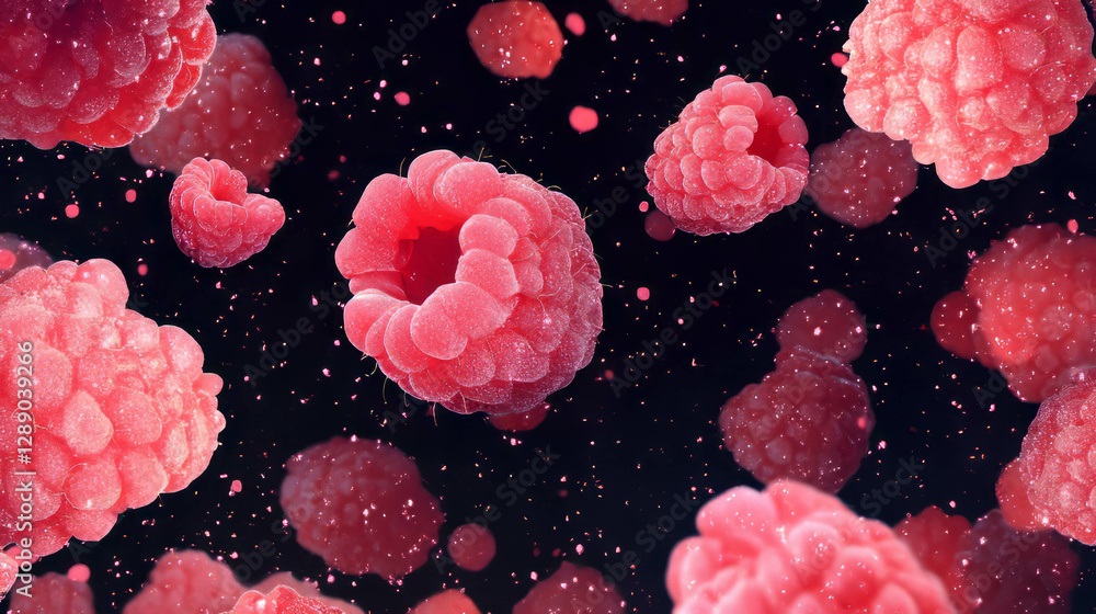 Poster floating raspberries in vivid red on dark background for fresh and vibrant design concepts