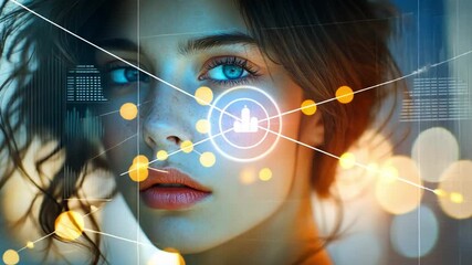 A young woman's face enhanced with digital elements, including connecting lines and glowing dots. The portrait merges technology, artificial intelligence, and futuristic aesthetics with beauty and inn - Powered by Adobe