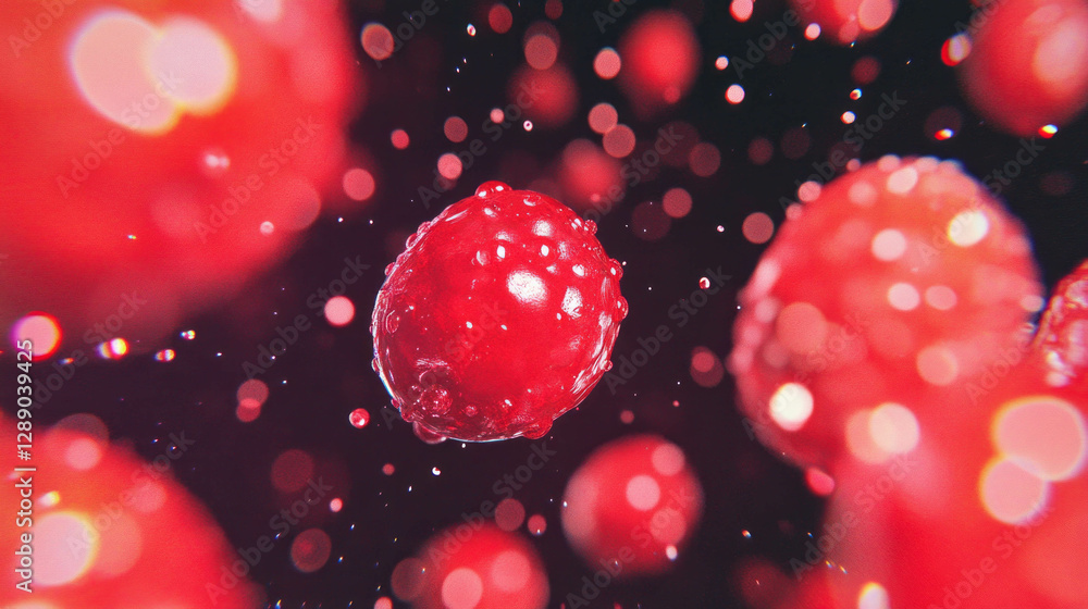 Poster vibrant floating red raspberries on dark background for food design