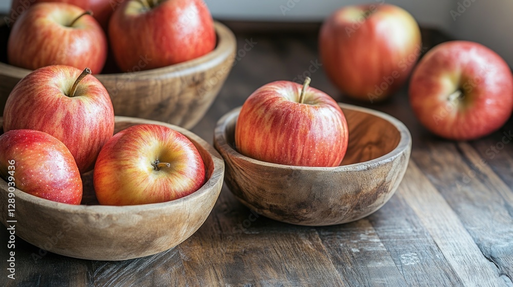 Aufkleber a simple still life scene featuring a wooden bowl filled with red apples placed on a wooden table