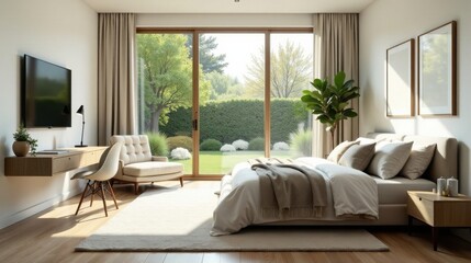 Serene Bedroom Sanctuary with Floor-to-Ceiling Windows Showcasing Lush Greenery and Modern Minimalist Decor
