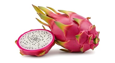 A dragon fruit with one half cut open, showing its vibrant pink and white speckled interior, on a white background