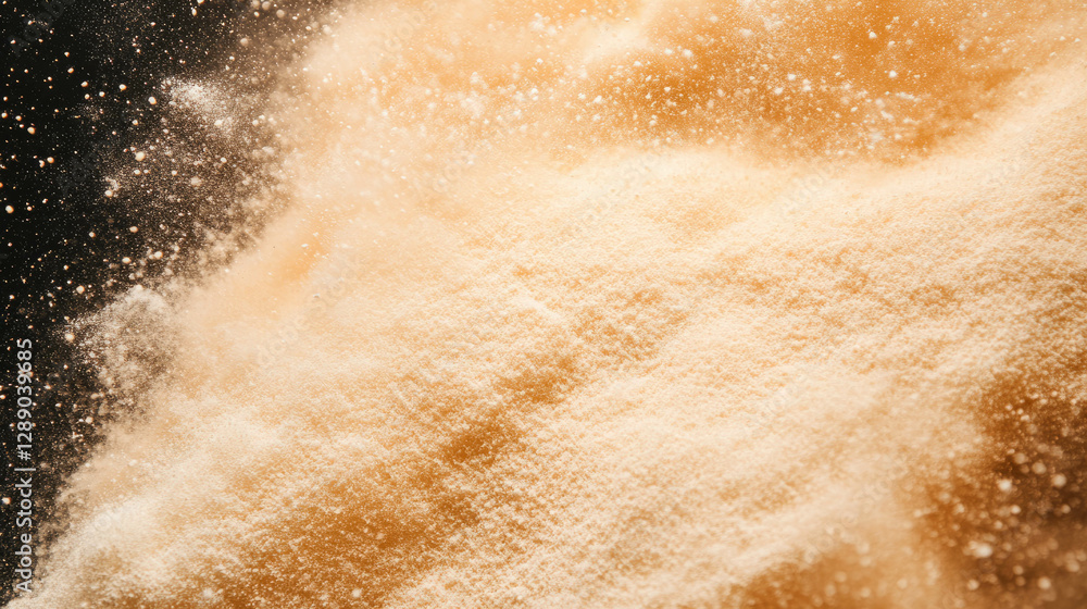 Poster floating rye flour and light brown textured background for baking and culinary design