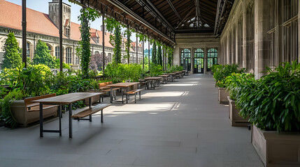 Fototapeta premium Long Outdoor Patio with Rows of Tables and Lush Greenery