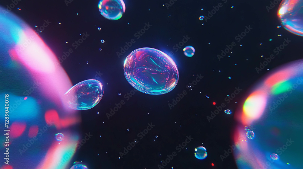 Poster Vibrant background of floating iridescent soap bubbles in dark space setting