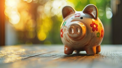 cute ceramic piggy bank with nature background, money saving and budget concept