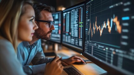 Focused professionals analyzing complex data on multiple screens in a modern office, showcasing teamwork and analytical insights
