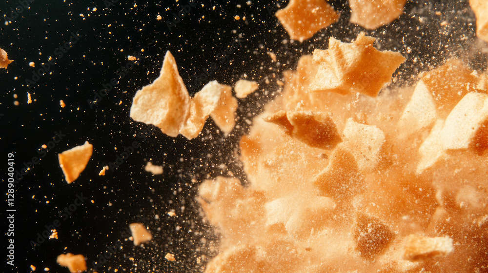Poster Dynamic explosion of floating wafer crumbs on dark background for textured effect