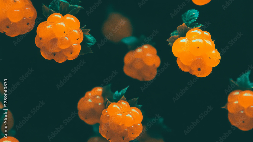 Poster vibrant floating yellow cloudberries on dark background for nature and design themes