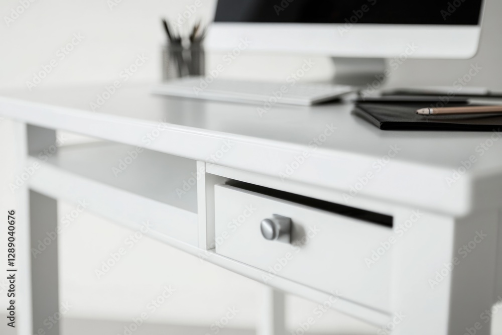 Aufkleber A modern office setup with a computer monitor and keyboard on a white desk