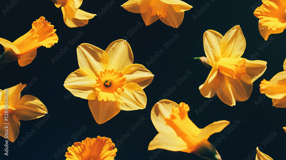 Aufkleber springtime elegance with floating yellow daffodil petals on a dark background