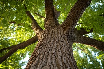 Fototapeta premium Majestic Tree Canopy - Looking up at a large, old tree with lush green leaves, sunlight filtering through
