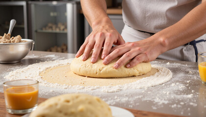 Hands kneading dough on a wooden countertop