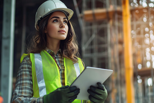 Young female construction worker using tablet at construction site