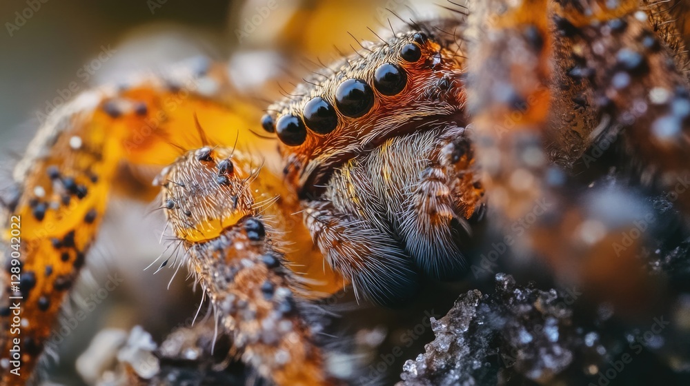 Poster a close-up view of a spider sitting on a tree branch, its legs and body visible