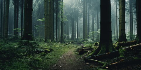 Obraz premium pine tree forest with sunlight and moss ground, morning sunlit with green,