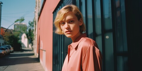 retro vintage dramatic light portrait,  red hair Caucasian woman at narrow street 