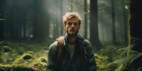 Obraz premium retro vintage dramatic light portrait, adventurer man , Caucasian man at green lush pine forest with sunlight rays