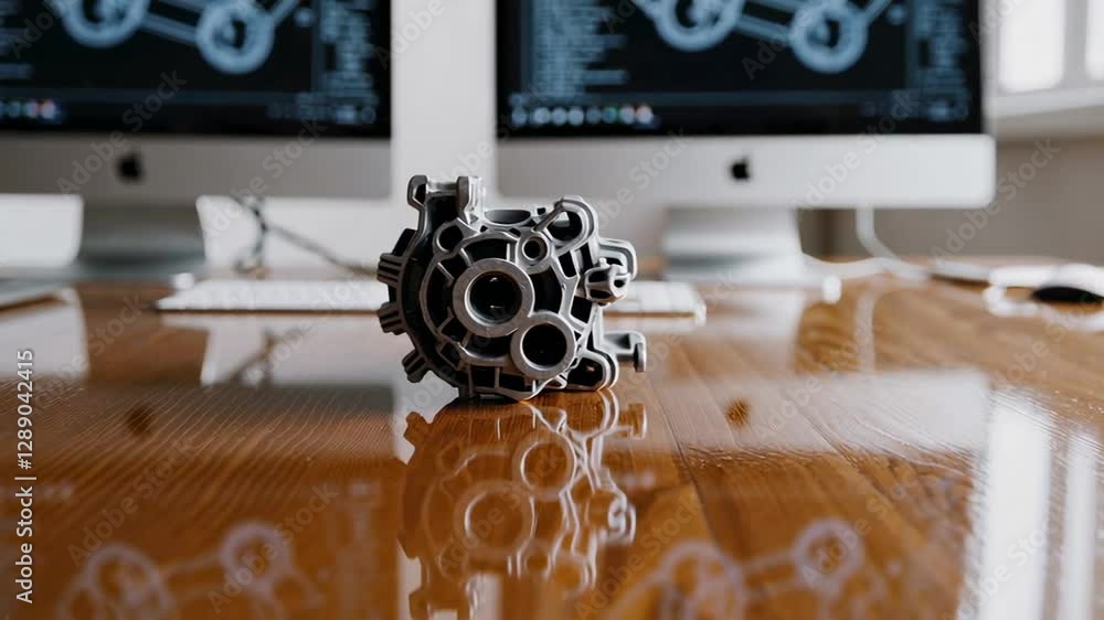 Poster Aluminum mechanical part lies on a polished wooden table, reflecting its intricate design, in an engineering office with computer displaying technical drawings in the background