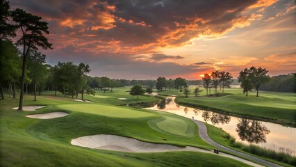 Golf Course Sunset River, Green, Landscape, Scenic, Twilight