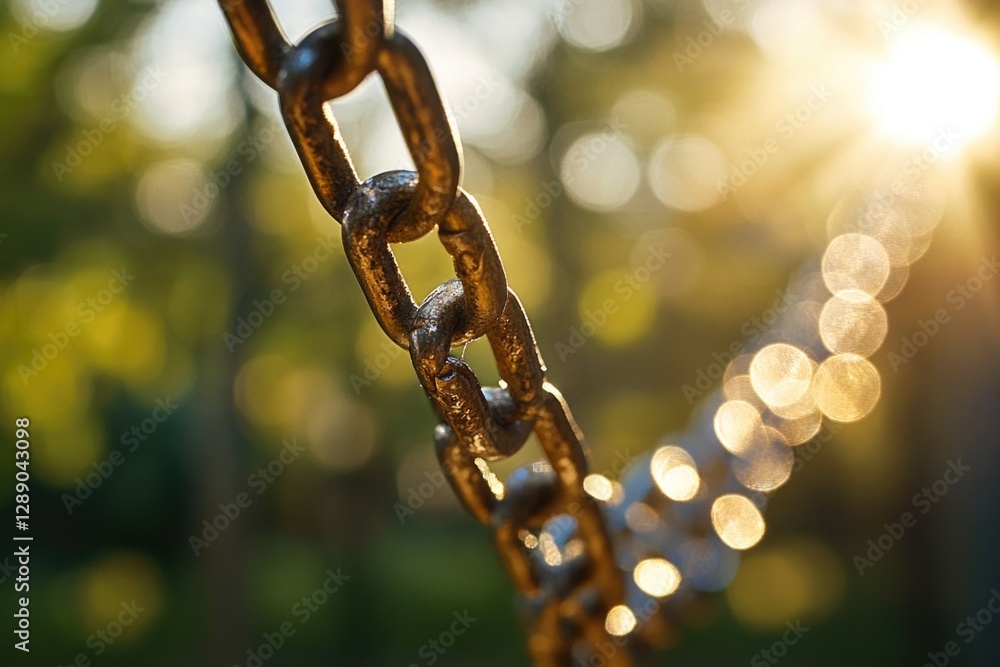 Poster a close-up shot of a chain with the sun shining brightly in the background