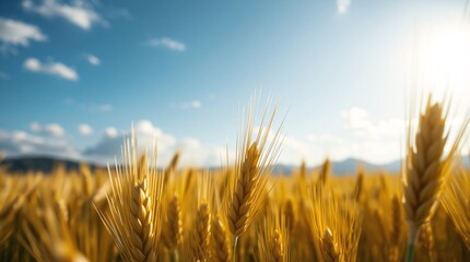Golden Wheat Field Under a Bright Blue Sky &ndash; Harvest Season Beauty, Close-Up of Wheat Stalks Swaying in the Breeze with Mountain Backdrop