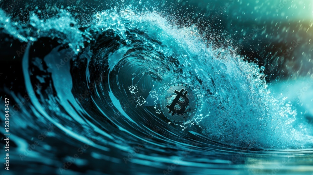 Poster dynamic cryptocurrency wave ocean setting abstract art vibrant environment close-up view financial c