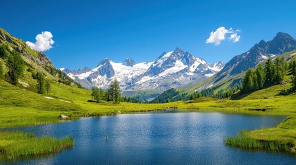 A serene landscape featuring majestic mountains, a clear blue lake, lush green meadows, and a bright blue sky with fluffy clouds.