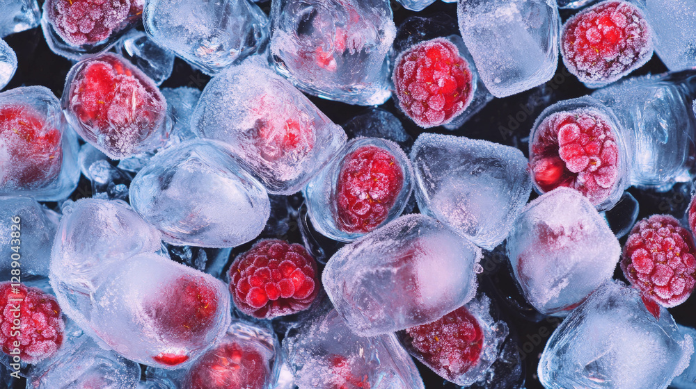 Poster frozen berry delight - chilled berries in ice cubes for refreshing summer concepts