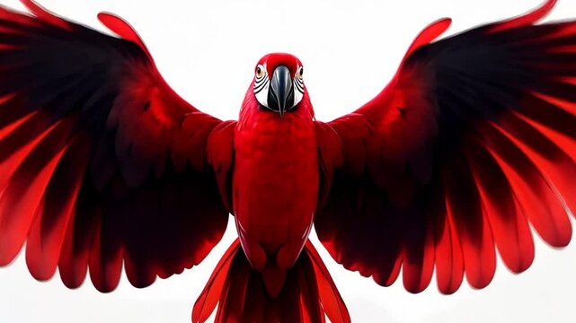 Bright red parrot displays majestic wings in vibrant colors against a white background