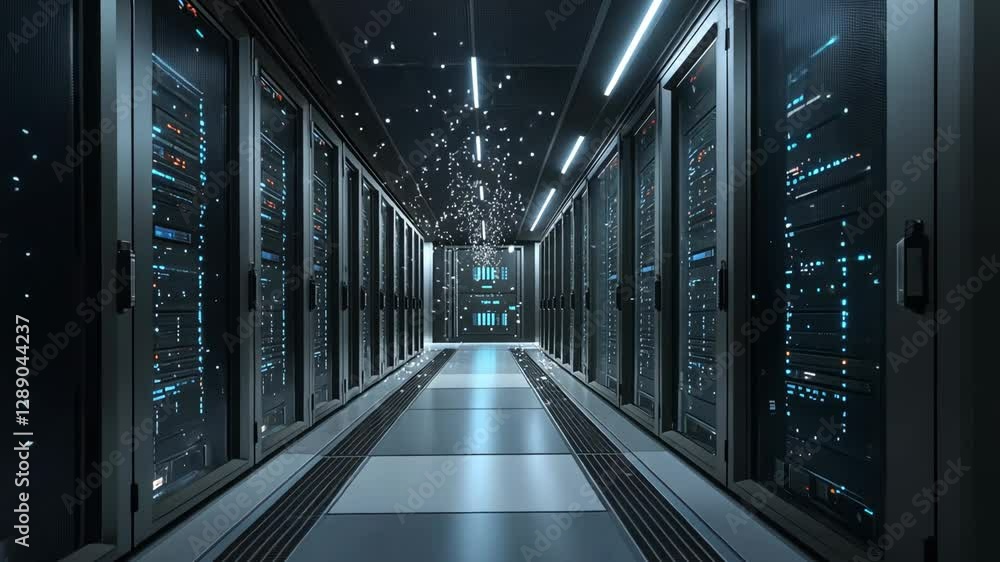 Poster modern data center featuring rows of servers and illuminated technology in a sleek, spacious layout