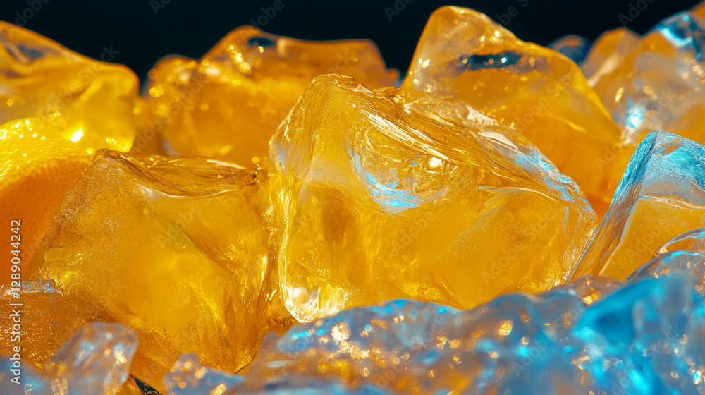 Poster Refreshing summer background with lemon slices and ice cubes