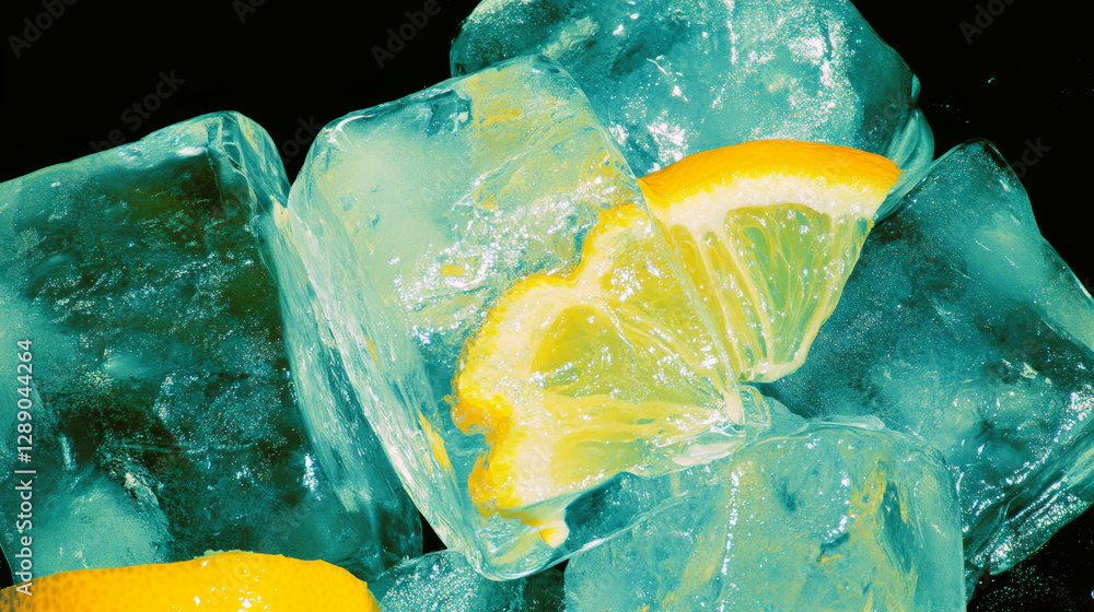 Poster Refreshing summer concept with ice cubes and lemon slices