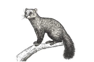 Hand-drawn marten vector, antique style wildlife illustration, black sketch effect, small animal predator print design, vintage art, old engraving, white background, trendy.