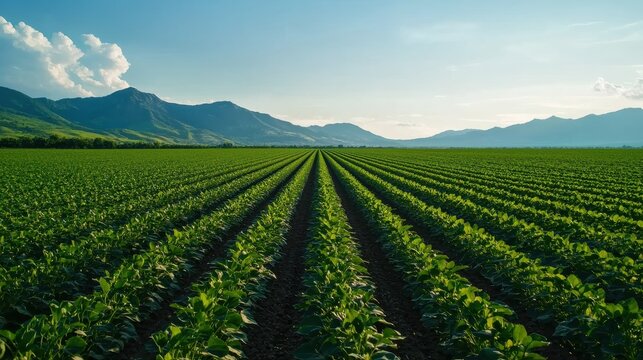 Lush green farmland stretches towards distant mountains under a clear sky, showcasing rows of crops that symbolize agriculture and natural beauty.
