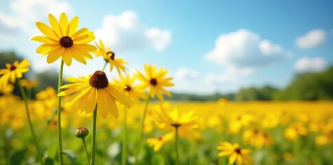 Obraz premium Sunny yellow petals of Rudbeckia flowers swaying in the breeze, summer blooms, meadow blooms