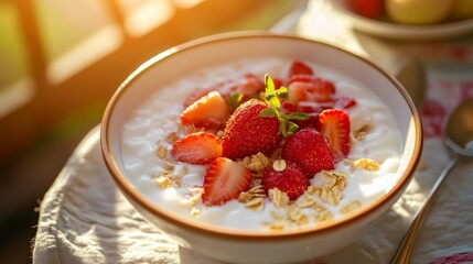 Fresh Strawberries on Creamy Yogurt with Granola in Bowl